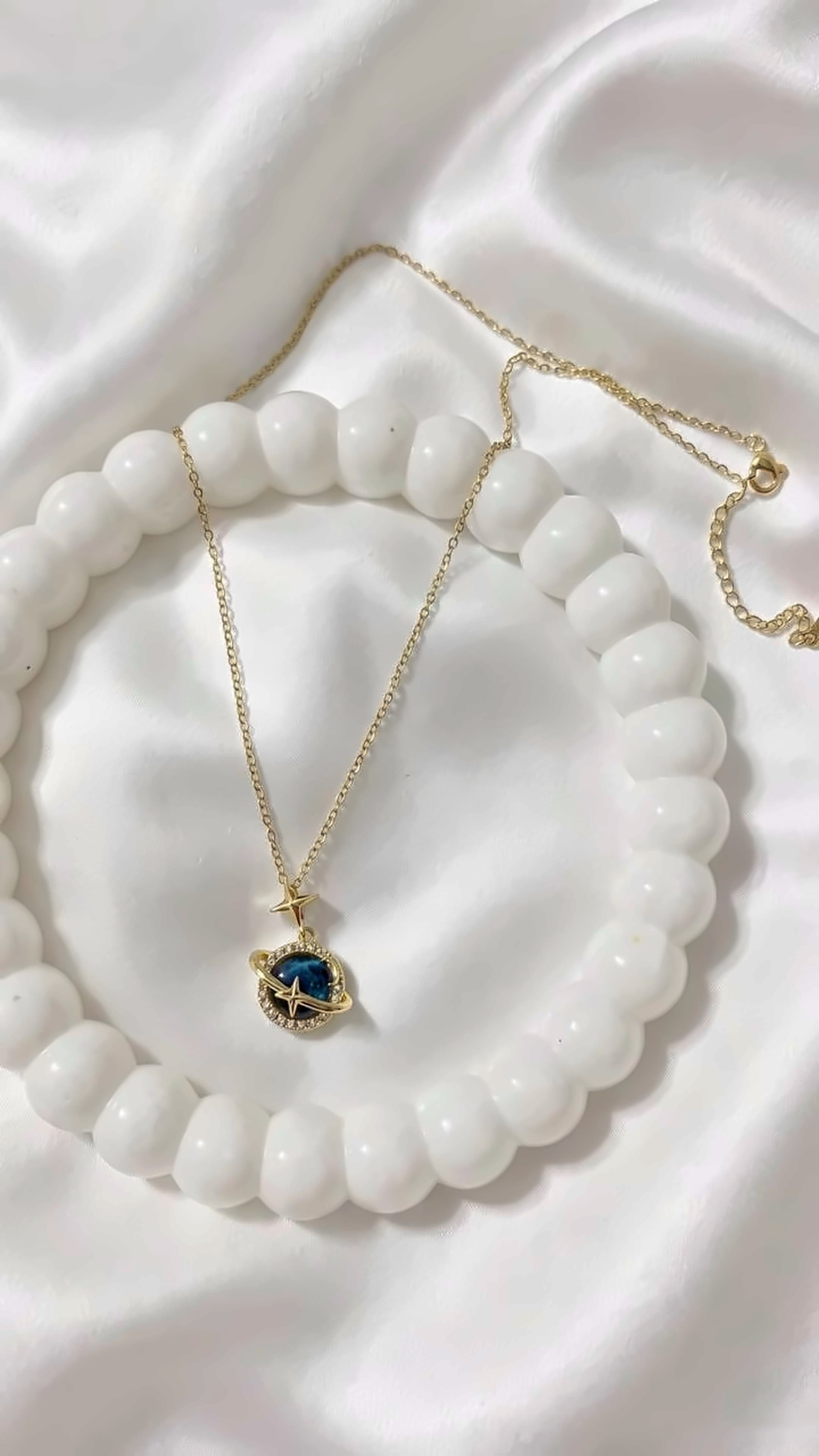 Celestial Orbit Planet Pendant Necklace with Deep Blue Stone (Golden Finish)