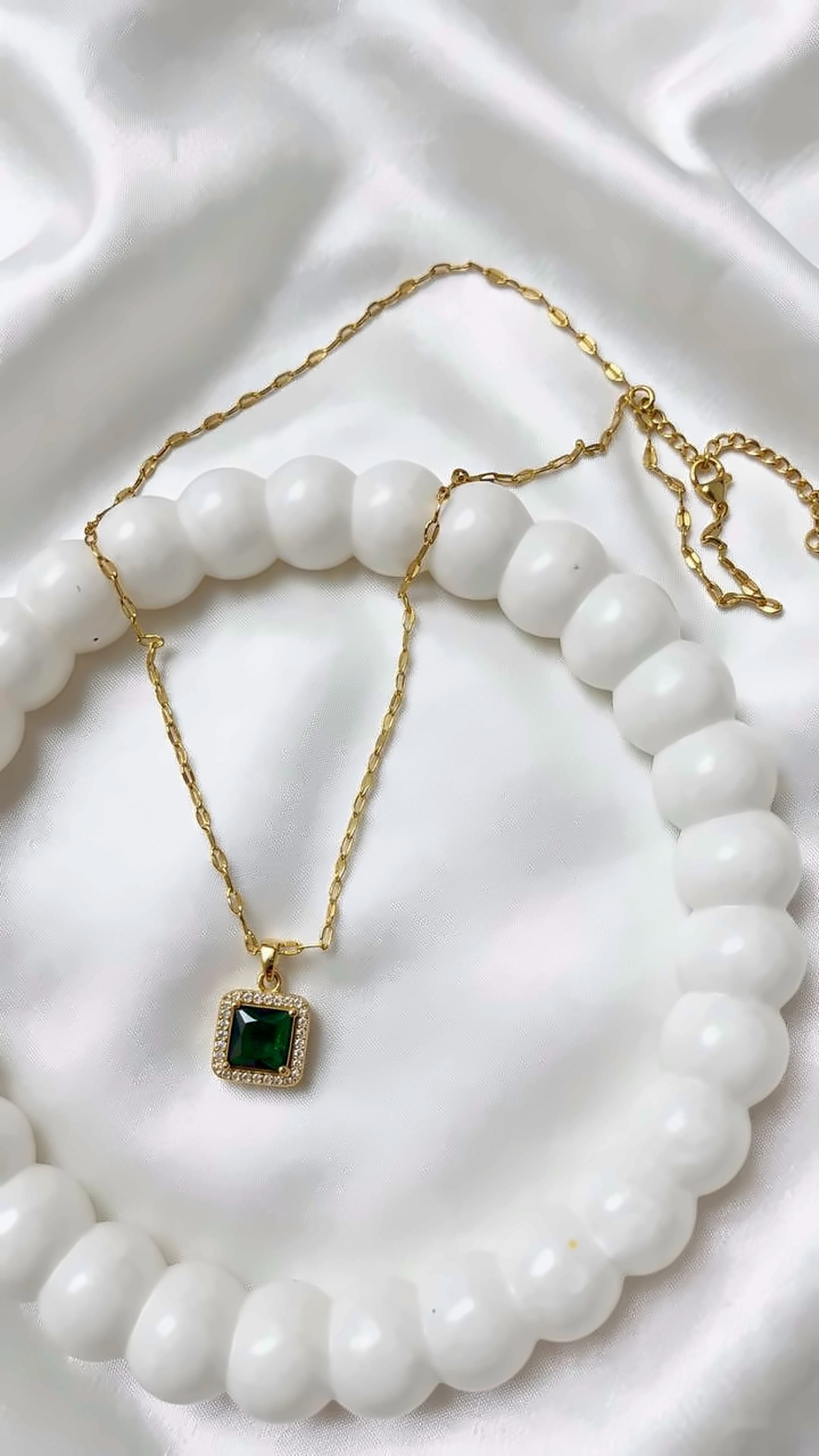 Emerald-Hue Square Crystal Halo Pendant Necklace (Golden Finish)