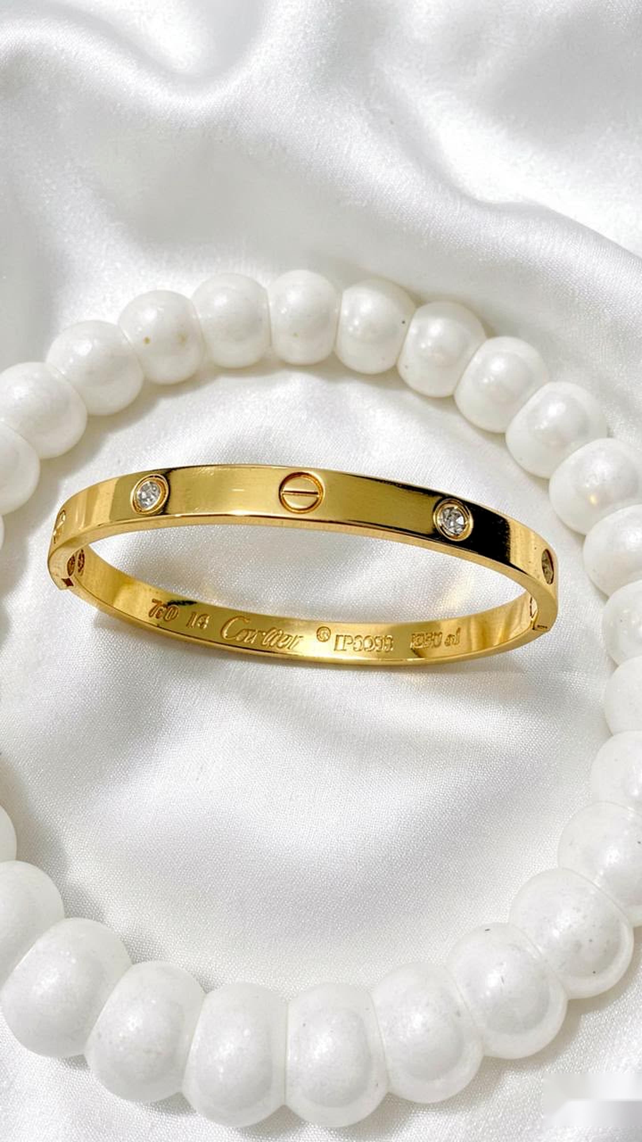 Screw-Motif Oval Bangle Bracelet with Inset Crystals (Golden Finish)
