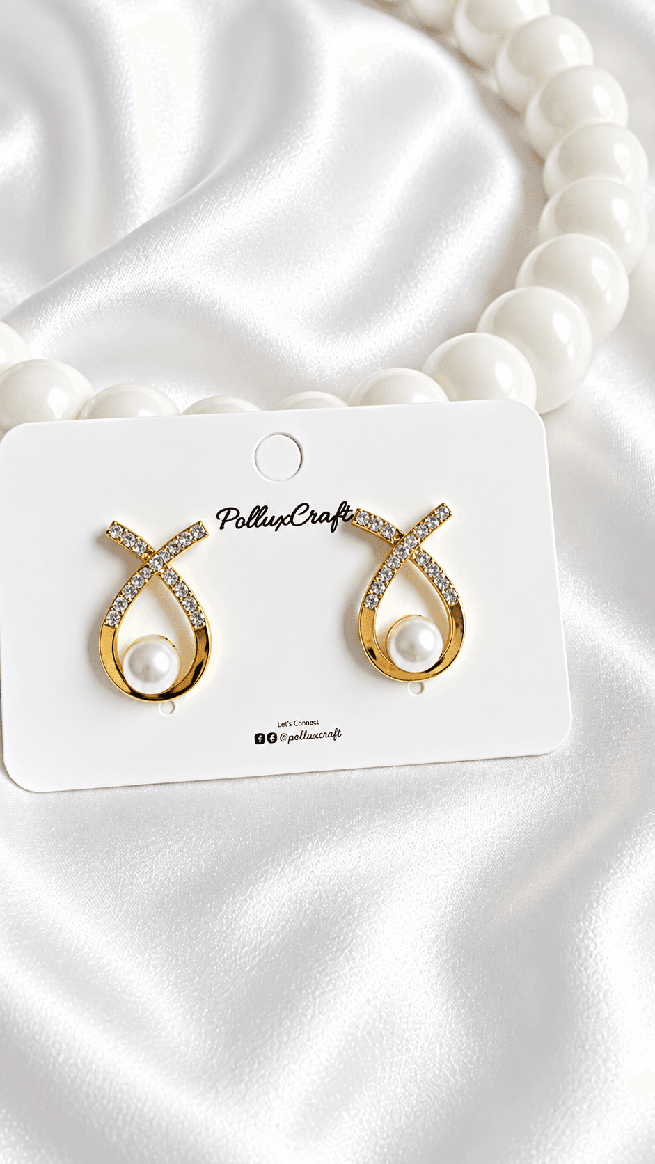 Crossover Ribbon Loop Earrings with Faux Pearl & Crystals (Golden Finish)