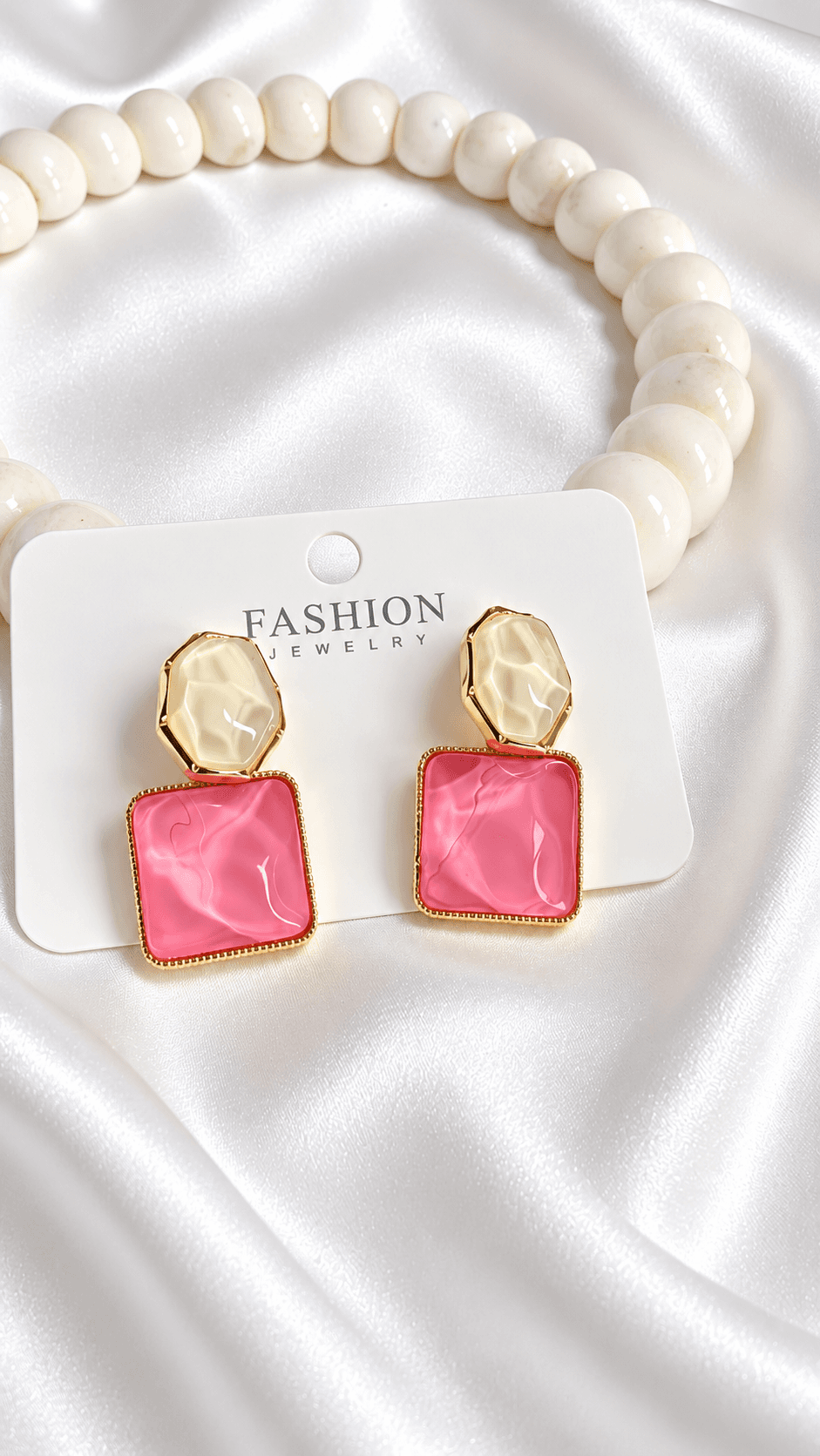 Pink & Cream Geometric Drop Earrings with Golden Framing