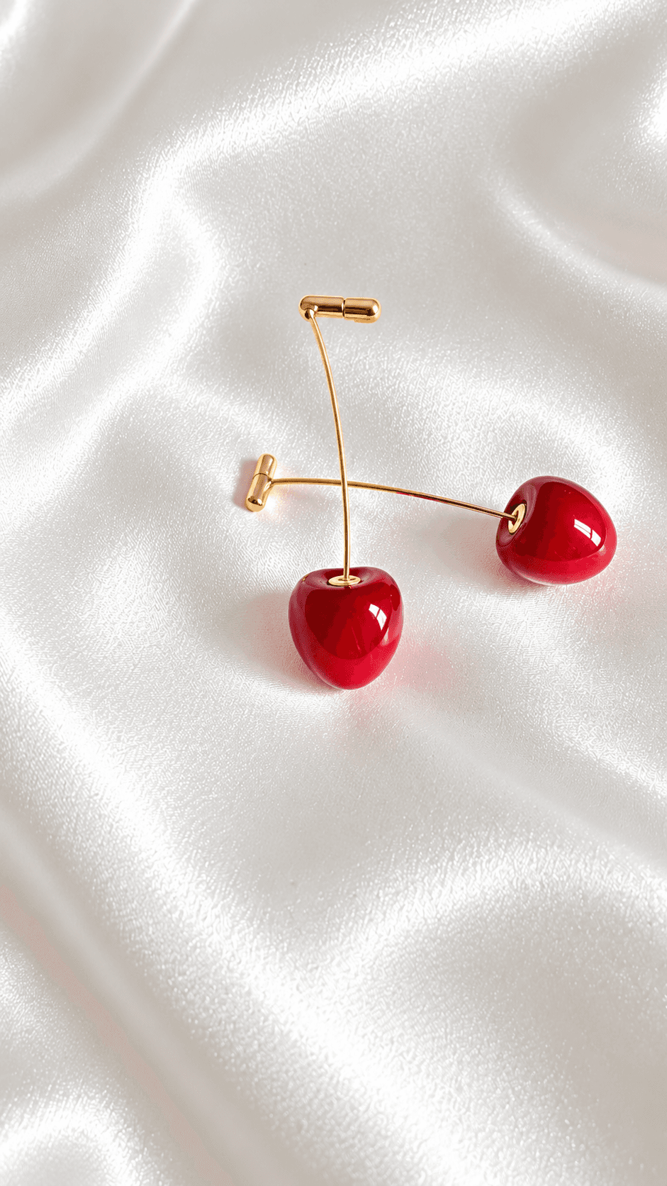 Glossy Red Cherry Drop Earrings with Curved Golden Stems