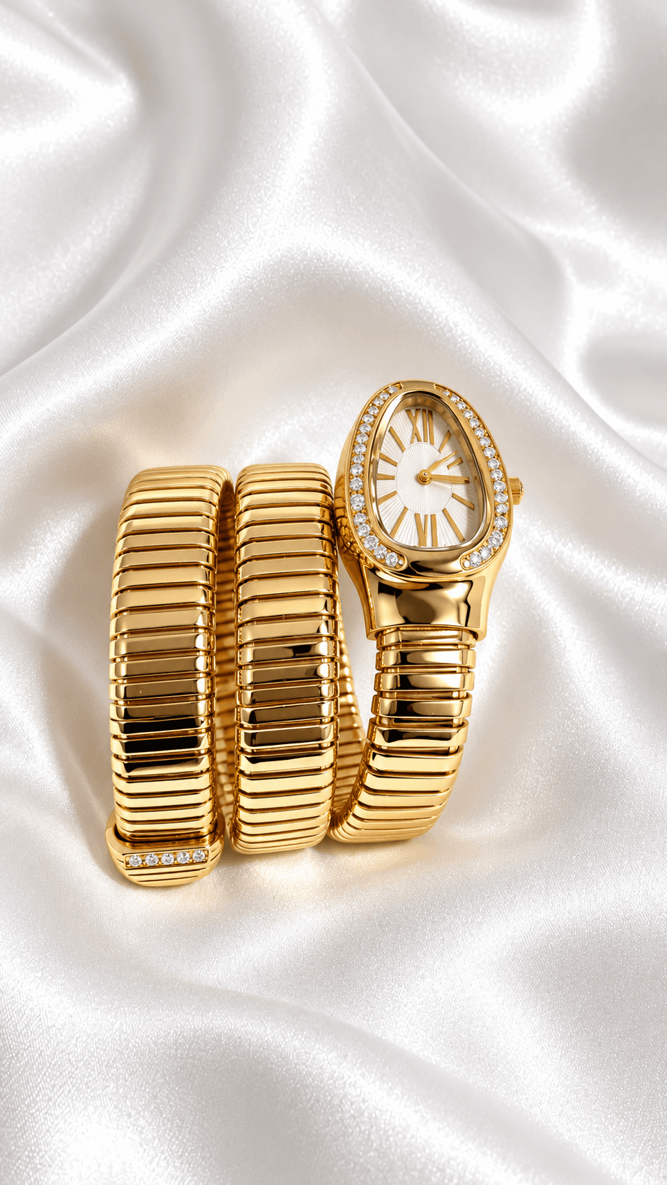 Spiral Wrap Serpent Coil Watch with Crystal Bezel (Golden Finish)