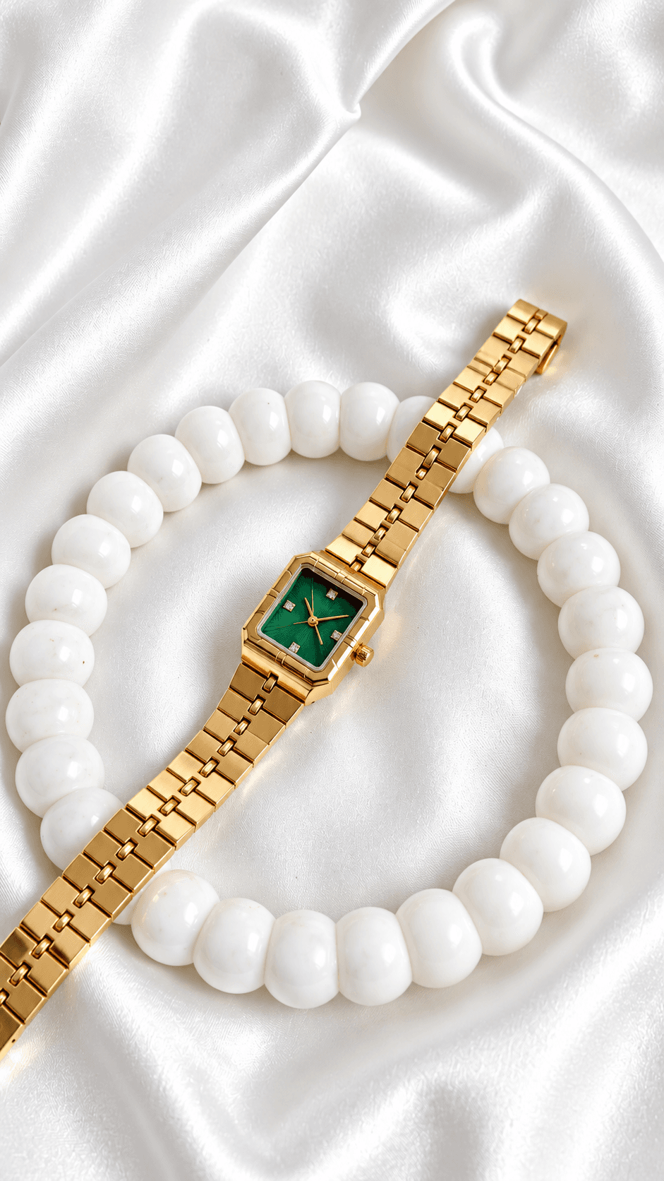 Classic Beveled Rectangular Watch with Textured Green Dial (Golden Finish)