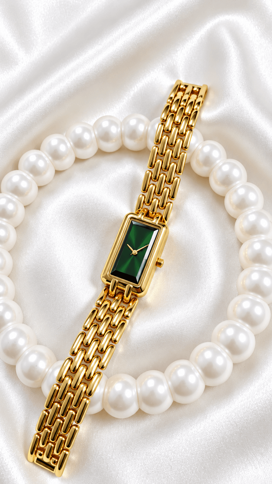 Rectangular Link Bracelet Watch with Faceted Green Dial (Golden Finish)
