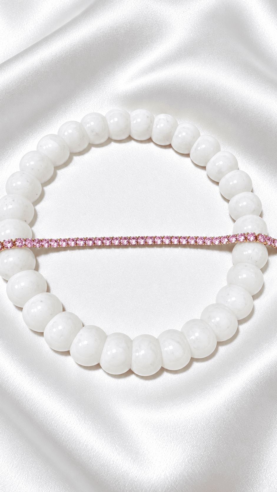 White Beaded Bracelet with Pink Crystal Tennis Strand (Golden Finish)