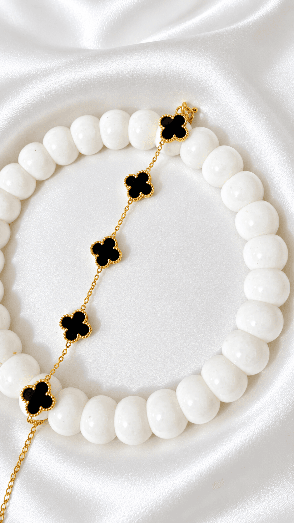 Black Quatrefoil Motif Chain & White Beaded Strand (Golden Finish)